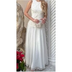 ANTONIO MELANI Ivory Lace Bodice Chiffon Maxi Dress